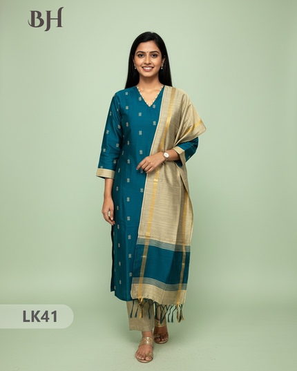 Raw Silk 3pc KurtiSet With Deep Sea Blue Colour Full Length Lining | Gold Dupatta