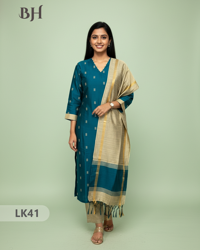 Raw Silk 3pc KurtiSet With Deep Sea Blue Colour Full Length Lining | Gold Dupatta