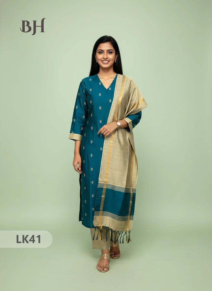 Raw Silk 3pc KurtiSet With Deep Sea Blue Colour Full Length Lining | Gold Dupatta