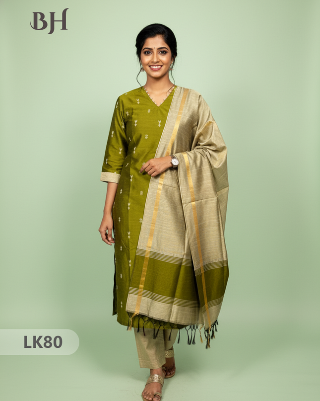 Raw Silk 3pc KurtiSet With Mehndi Green Colour Full Length Lining | Gold Dupatta