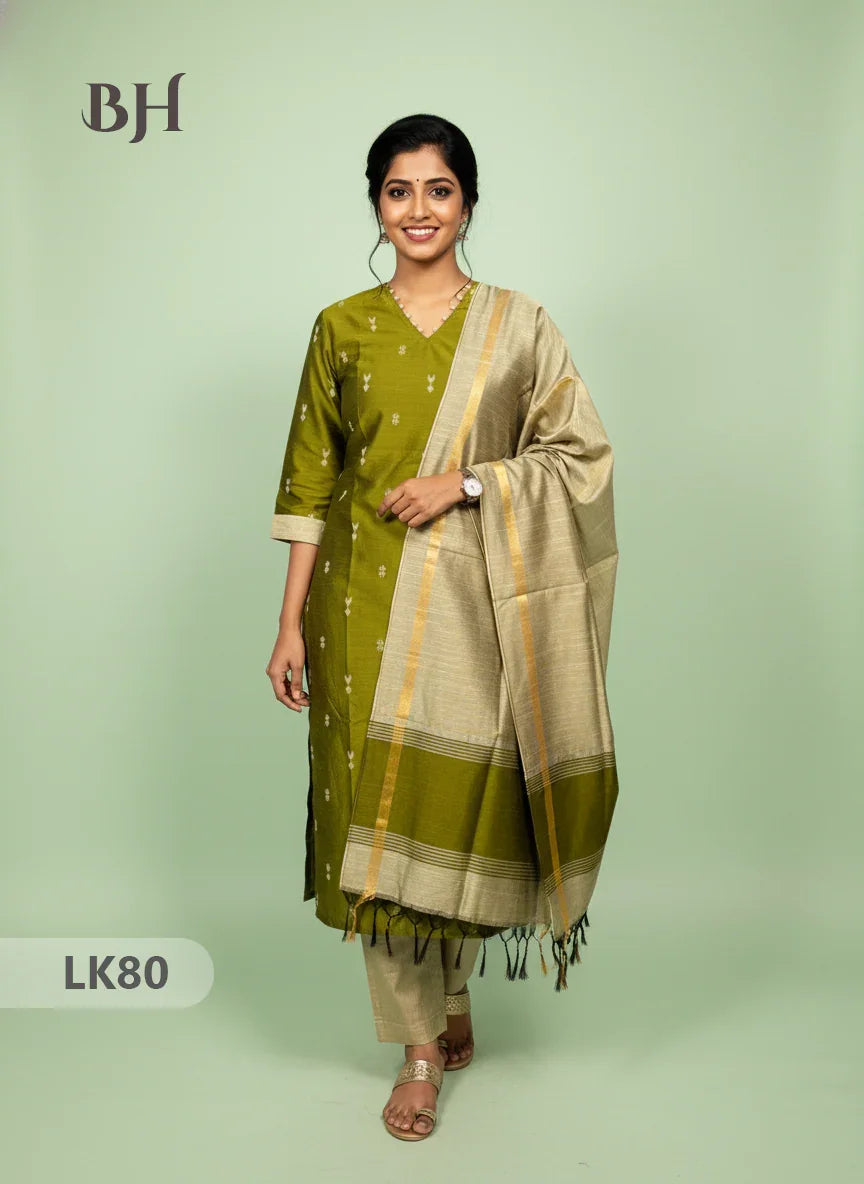 Raw Silk 3pc KurtiSet With Mehndi Green Colour Full Length Lining | Gold Dupatta