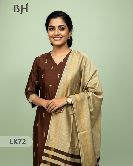Raw Silk 3pc KurtiSet With Chocolate Brown Colour Full Length Lining | Gold Dupatta