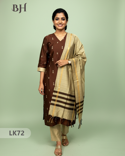 Raw Silk 3pc KurtiSet With Chocolate Brown Colour Full Length Lining | Gold Dupatta