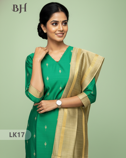 Raw Silk 3pc KurtiSet With Green Colour Full Length Lining | Gold Dupatta