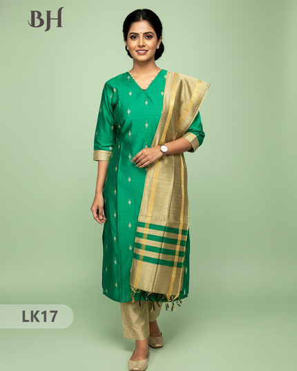 Raw Silk 3pc KurtiSet With Green Colour Full Length Lining | Gold Dupatta