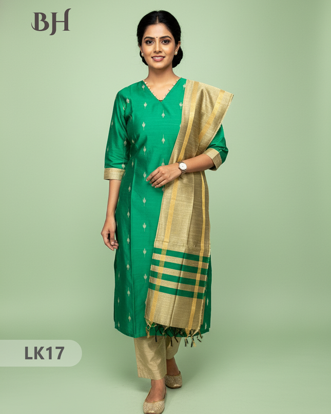 Raw Silk 3pc KurtiSet With Green Colour Full Length Lining | Gold Dupatta