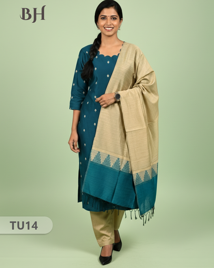 Raw Silk 3-Piece Kurti Set with Cut Work Neck Design in Sea Blue Colour | Full-Length Lined Kurti with Gold Dupatta