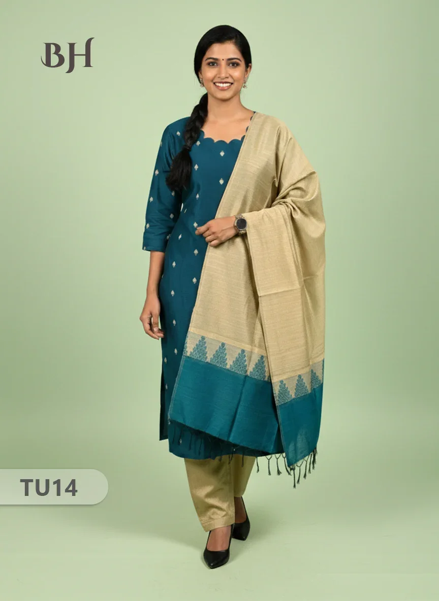 Raw Silk 3-Piece Kurti Set with Cut Work Neck Design in Sea Blue Colour | Full-Length Lined Kurti with Gold Dupatta