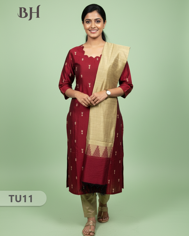 Raw Silk 3-Piece Kurti Set with Cut Work Neck Design in Maroon Colour | Full-Length Lined Kurti with Gold Dupatta