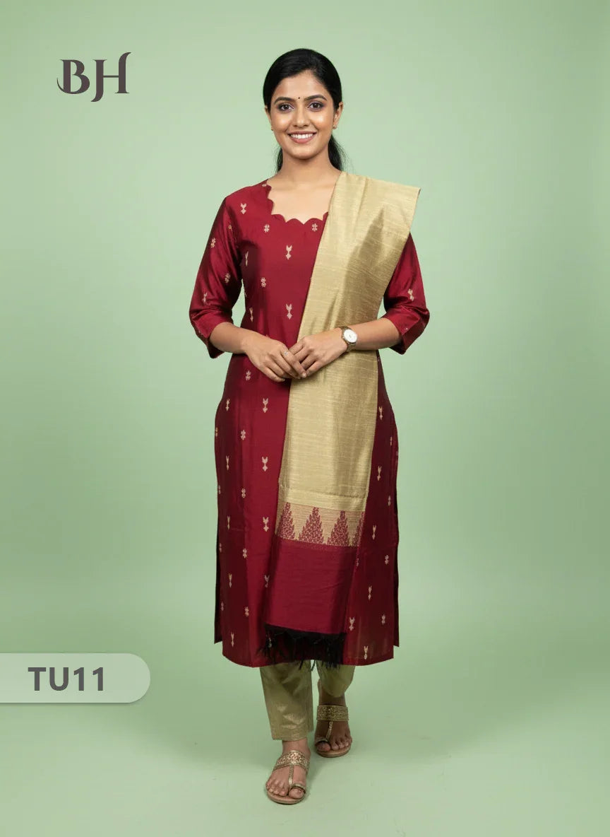 Raw Silk 3-Piece Kurti Set with Cut Work Neck Design in Maroon Colour | Full-Length Lined Kurti with Gold Dupatta