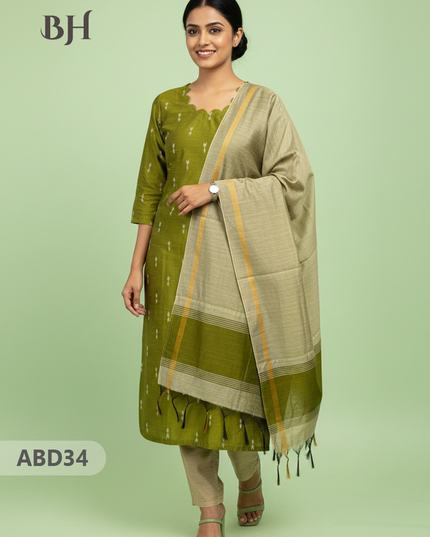 Raw Silk 3-Piece Kurti Set with Cut Work Neck Design in Light Green Colour | Full-Length Lined Kurti with Gold Dupatta
