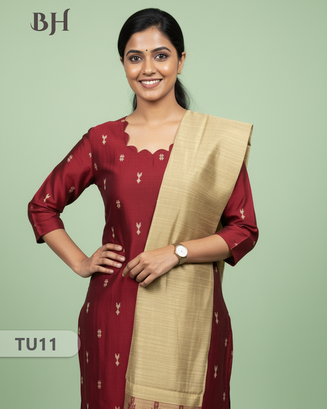 Raw Silk 3-Piece Kurti Set with Cut Work Neck Design in Maroon Colour | Full-Length Lined Kurti with Gold Dupatta