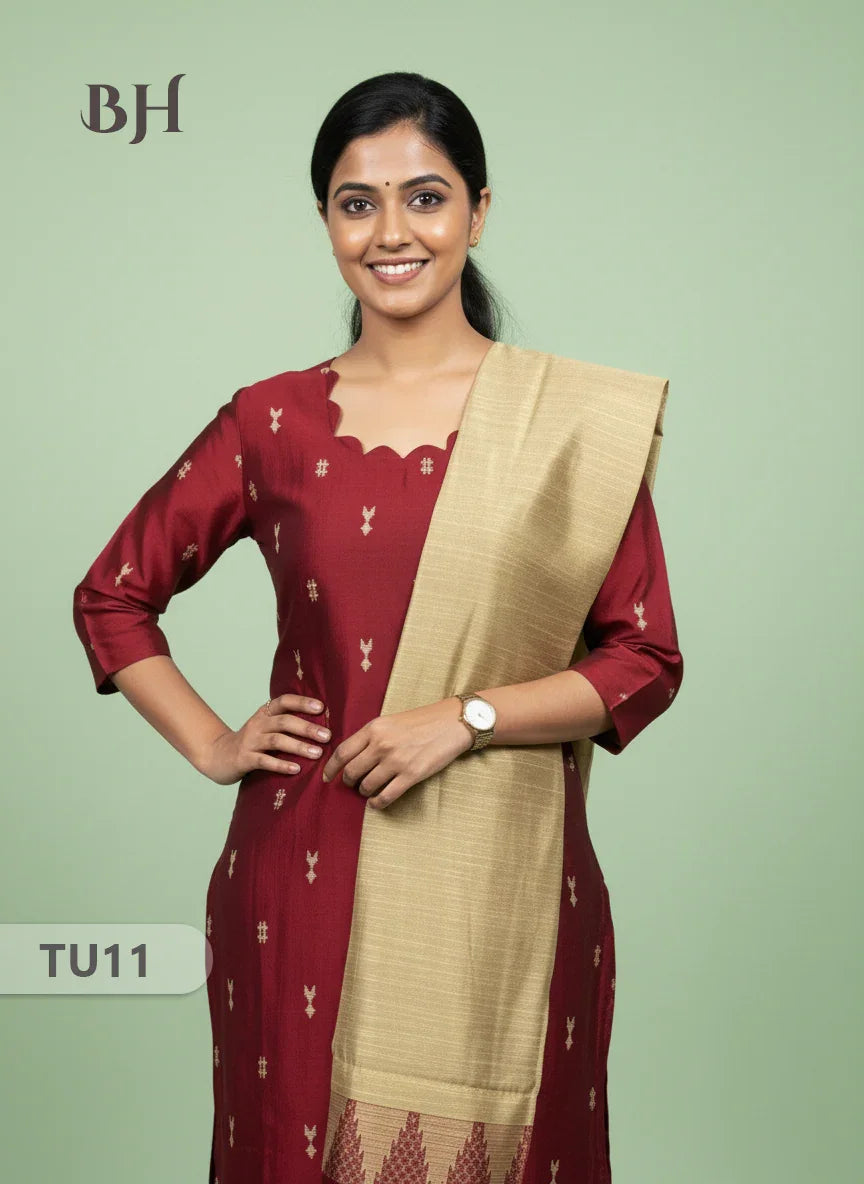 Raw Silk 3-Piece Kurti Set with Cut Work Neck Design in Maroon Colour | Full-Length Lined Kurti with Gold Dupatta