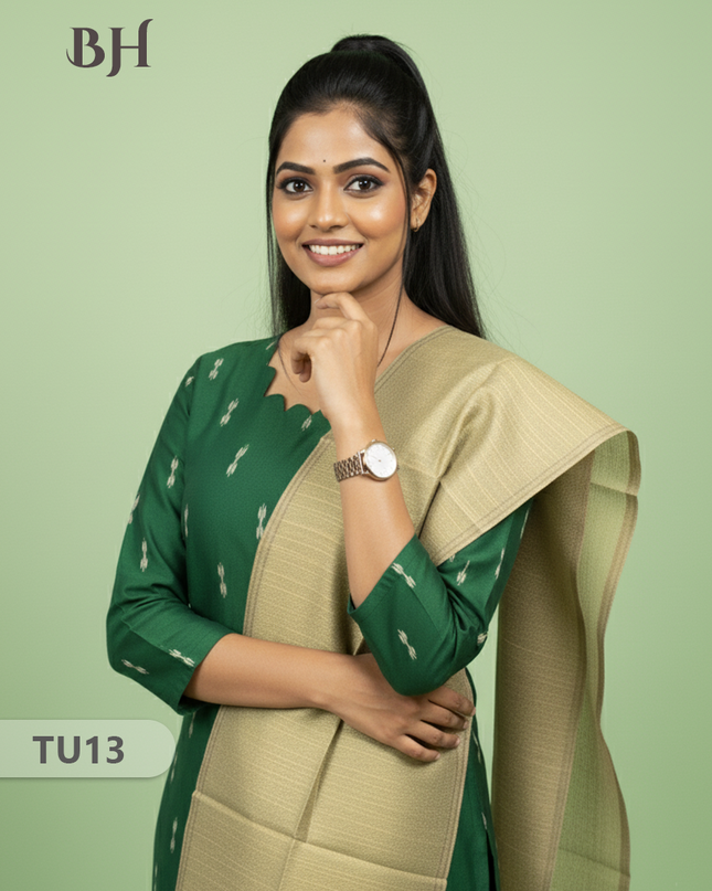 Raw Silk 3-Piece Kurti Set with Cut Work Neck Design in Green Colour | Full-Length Lined Kurti with Gold Dupatta