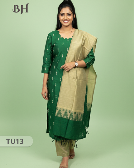 Raw Silk 3-Piece Kurti Set with Cut Work Neck Design in Green Colour | Full-Length Lined Kurti with Gold Dupatta