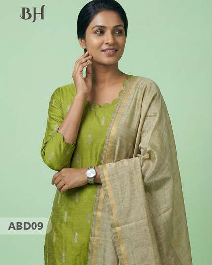 Raw Silk 3-Piece Kurti Set with Cut Work Neck Design in Light Green Colour | Full-Length Lined Kurti with Gold Dupatta