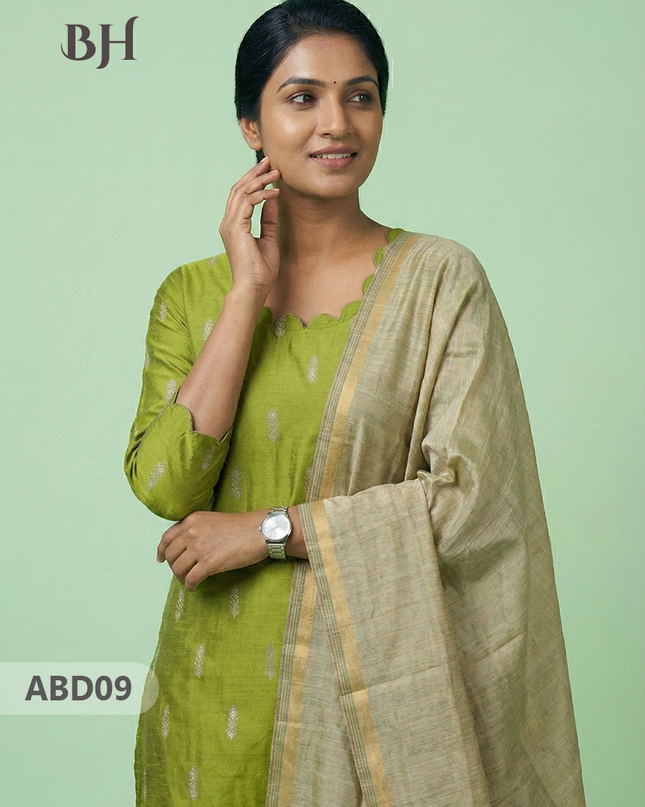 Raw Silk 3-Piece Kurti Set with Cut Work Neck Design in Light Green Colour | Full-Length Lined Kurti with Gold Dupatta