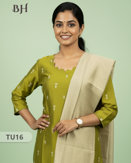 Raw Silk 3-Piece Kurti Set with Cut Work Neck Design in Green Colour | Full-Length Lined Kurti with Gold Dupatta