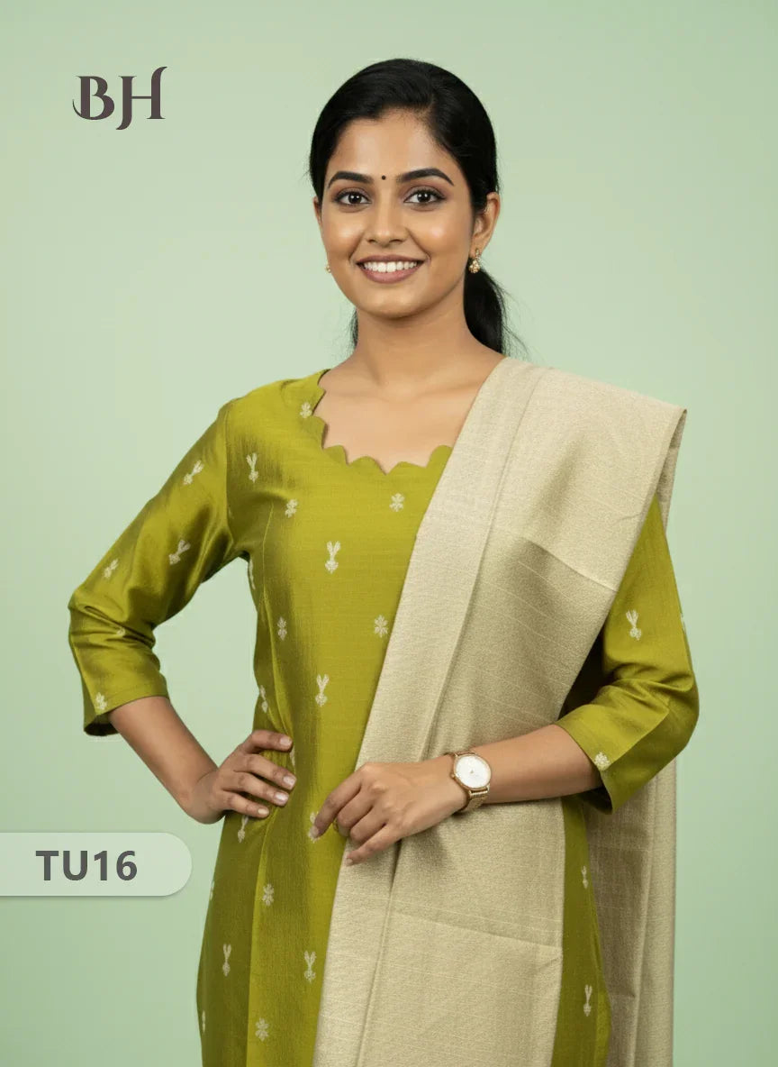 Raw Silk 3-Piece Kurti Set with Cut Work Neck Design in Green Colour | Full-Length Lined Kurti with Gold Dupatta
