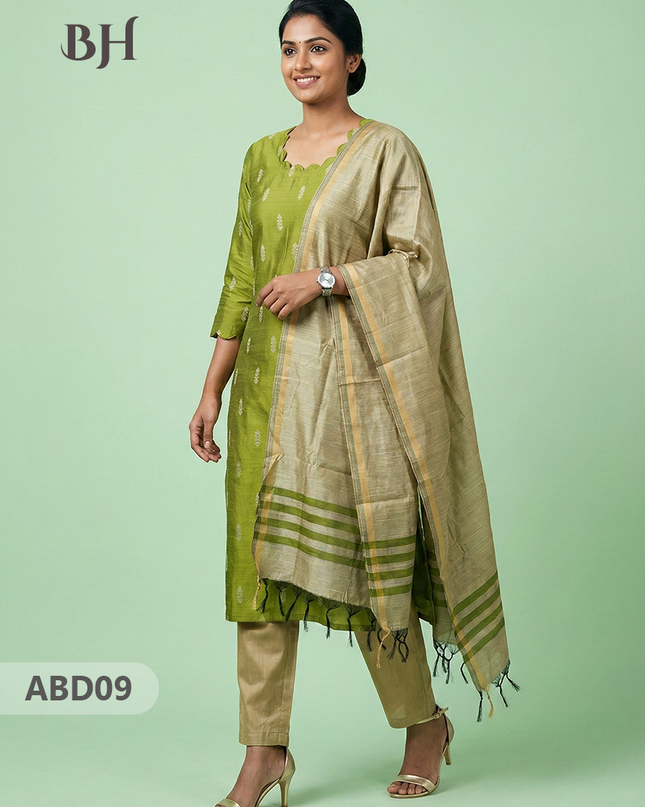 Raw Silk 3-Piece Kurti Set with Cut Work Neck Design in Light Green Colour | Full-Length Lined Kurti with Gold Dupatta
