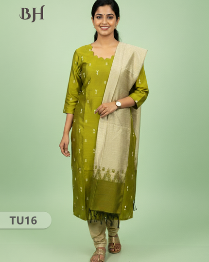 Raw Silk 3-Piece Kurti Set with Cut Work Neck Design in Green Colour | Full-Length Lined Kurti with Gold Dupatta