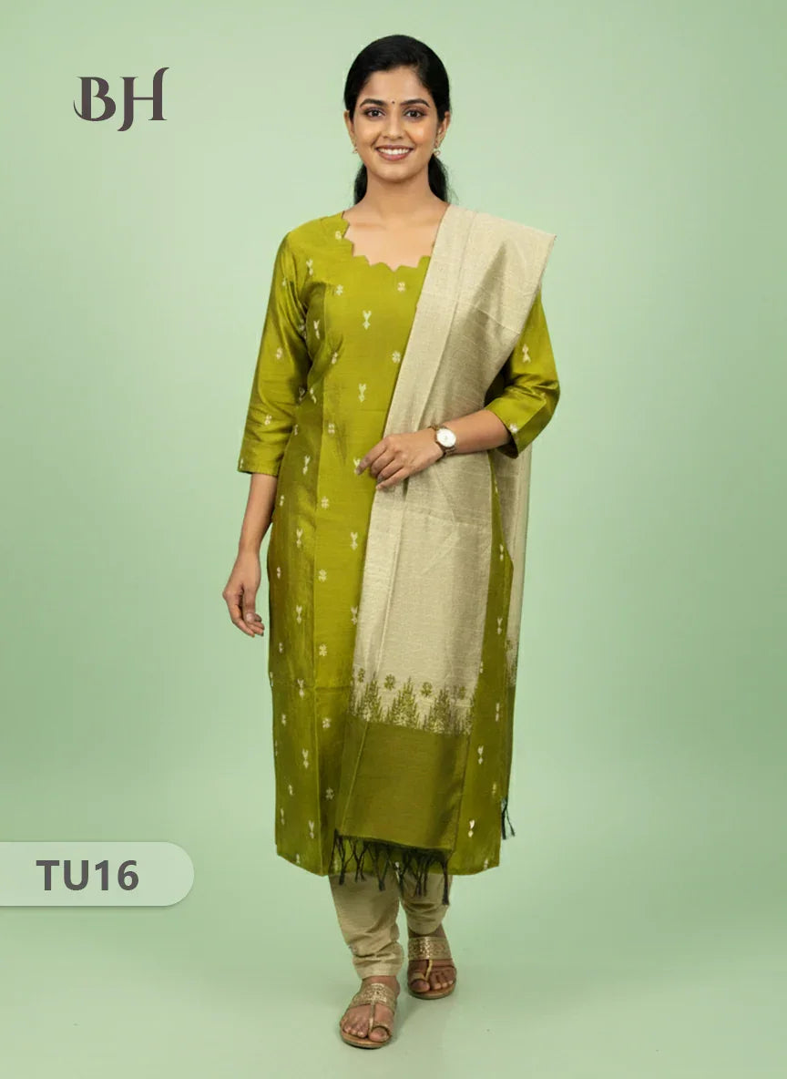 Raw Silk 3-Piece Kurti Set with Cut Work Neck Design in Green Colour | Full-Length Lined Kurti with Gold Dupatta