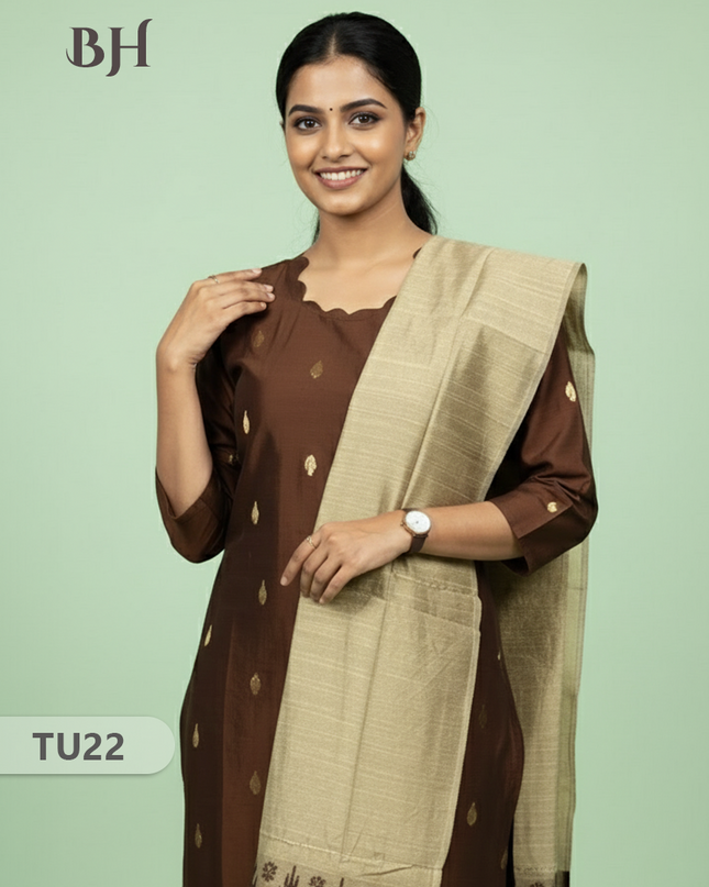 Raw Silk 3-Piece Kurti Set with Cut Work Neck Design in Snuff Colour | Full-Length Lined Kurti with Gold Dupatta