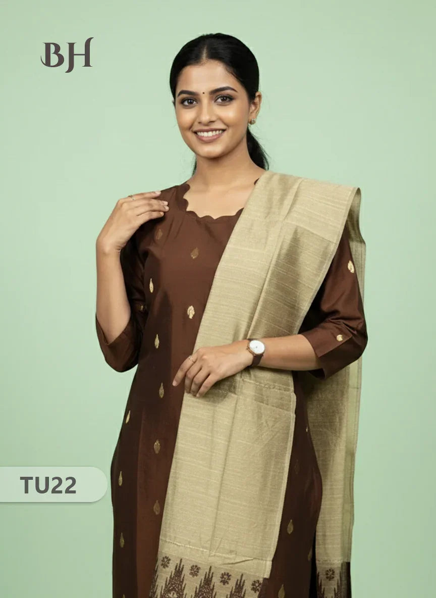 Raw Silk 3-Piece Kurti Set with Cut Work Neck Design in Snuff Colour | Full-Length Lined Kurti with Gold Dupatta