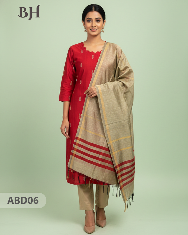 Raw Silk 3-Piece Kurti Set with Cut Work Neck Design in Red Colour | Full-Length Lined Kurti with Gold Dupatta