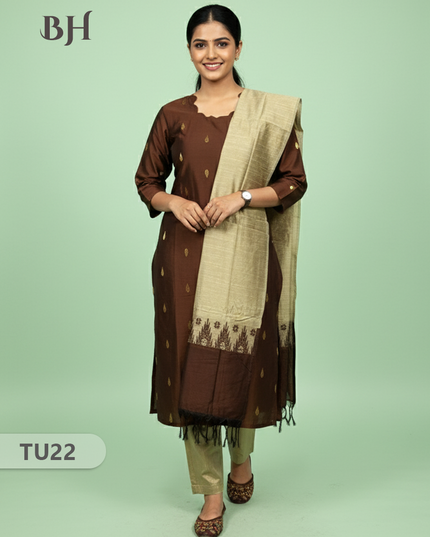 Raw Silk 3-Piece Kurti Set with Cut Work Neck Design in Snuff Colour | Full-Length Lined Kurti with Gold Dupatta