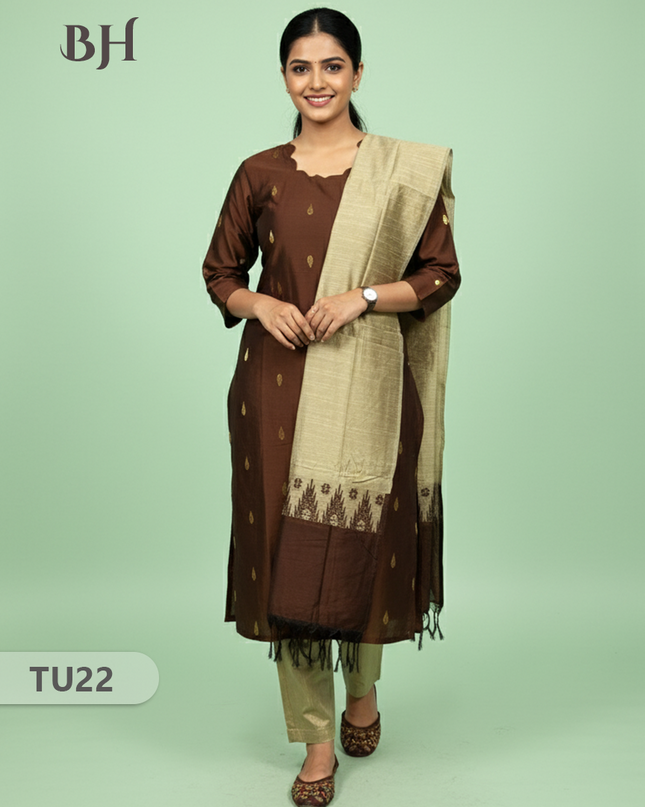 Raw Silk 3-Piece Kurti Set with Cut Work Neck Design in Snuff Colour | Full-Length Lined Kurti with Gold Dupatta