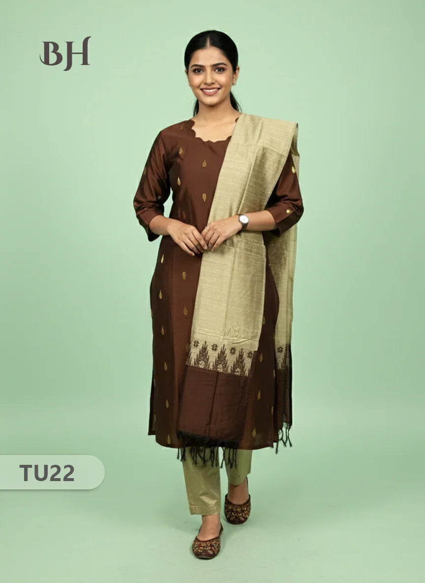Raw Silk 3-Piece Kurti Set with Cut Work Neck Design in Snuff Colour | Full-Length Lined Kurti with Gold Dupatta