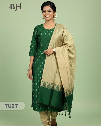 Raw Silk 3-Piece Kurti Set with Cut Work Neck Design in Green Colour | Full-Length Lined Kurti with Gold Dupatta