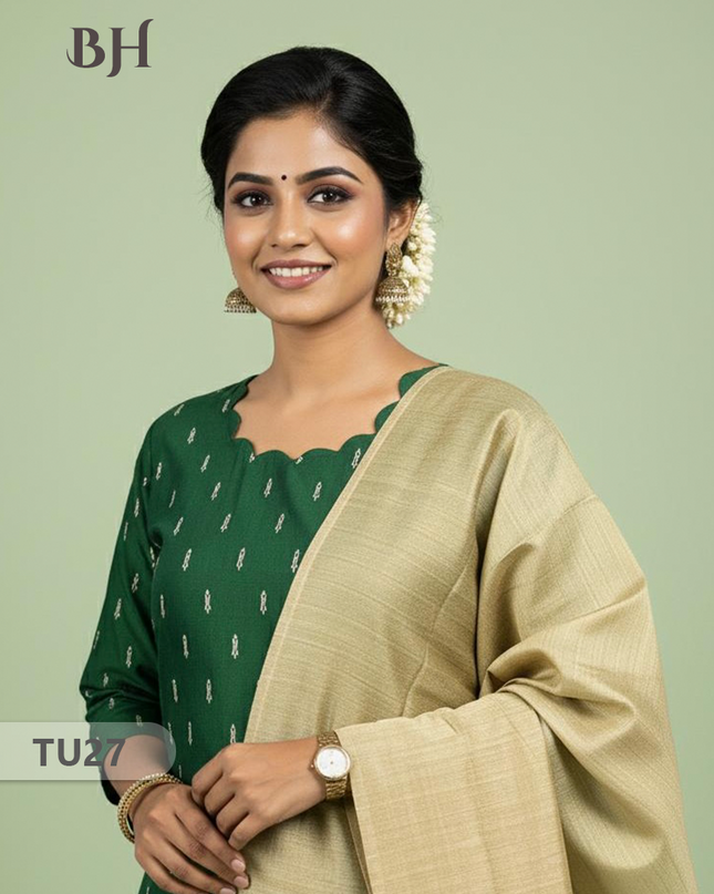 Raw Silk 3-Piece Kurti Set with Cut Work Neck Design in Green Colour | Full-Length Lined Kurti with Gold Dupatta