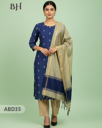 Raw Silk 3-Piece Kurti Set with Cut Work Neck Design in Dark Blue Colour | Full-Length Lined Kurti with Gold Dupatta