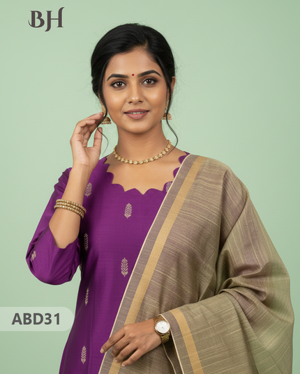 Raw Silk 3-Piece Kurti Set with Cut Work Neck Design in Grape Purple Colour | Full-Length Lined Kurti with Gold Dupatta