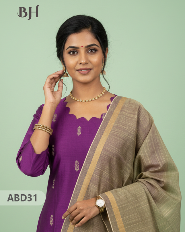 Raw Silk 3-Piece Kurti Set with Cut Work Neck Design in Grape Purple Colour | Full-Length Lined Kurti with Gold Dupatta