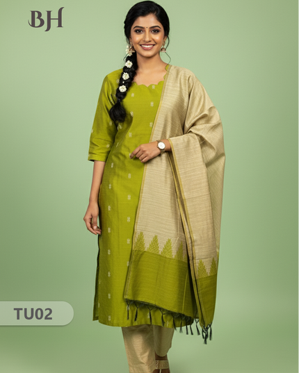 Raw Silk 3-Piece Kurti Set with Cut Work Neck Design in Light Green Colour | Full-Length Lined Kurti with Gold Dupatta