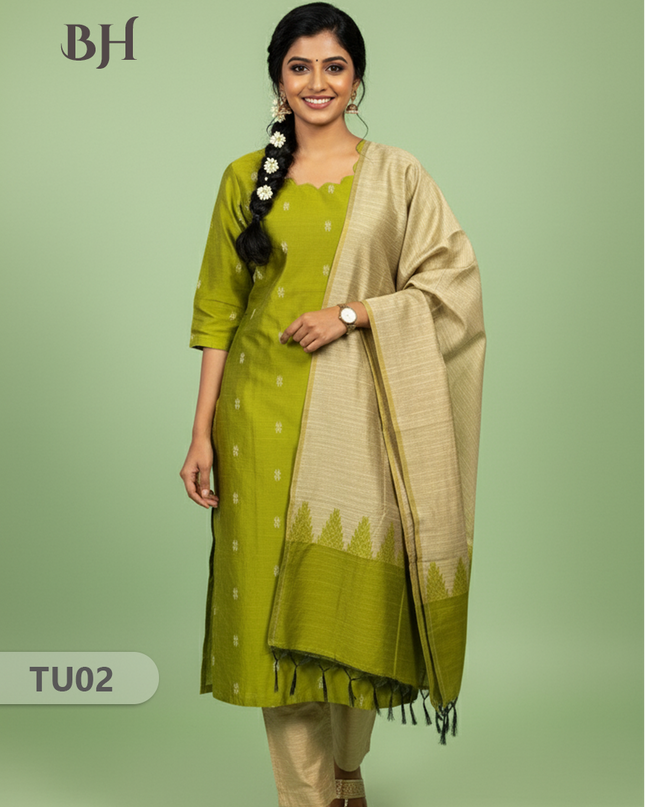 Raw Silk 3-Piece Kurti Set with Cut Work Neck Design in Light Green Colour | Full-Length Lined Kurti with Gold Dupatta