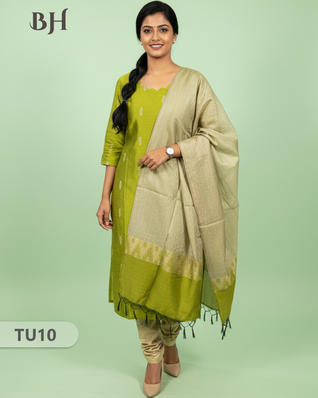 Raw Silk 3-Piece Kurti Set with Cut Work Neck Design in Green Colour | Full-Length Lined Kurti with Gold Dupatta