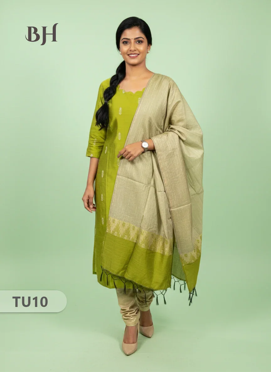 Raw Silk 3-Piece Kurti Set with Cut Work Neck Design in Green Colour | Full-Length Lined Kurti with Gold Dupatta
