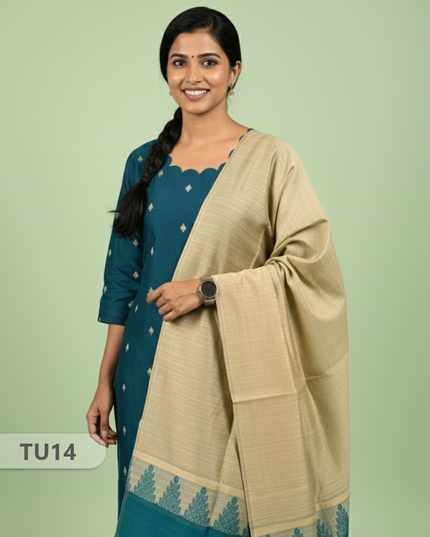 Raw Silk 3-Piece Kurti Set with Cut Work Neck Design in Sea Blue Colour | Full-Length Lined Kurti with Gold Dupatta