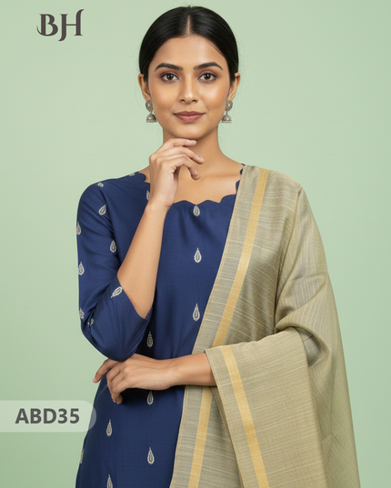 Raw Silk 3-Piece Kurti Set with Cut Work Neck Design in Dark Blue Colour | Full-Length Lined Kurti with Gold Dupatta