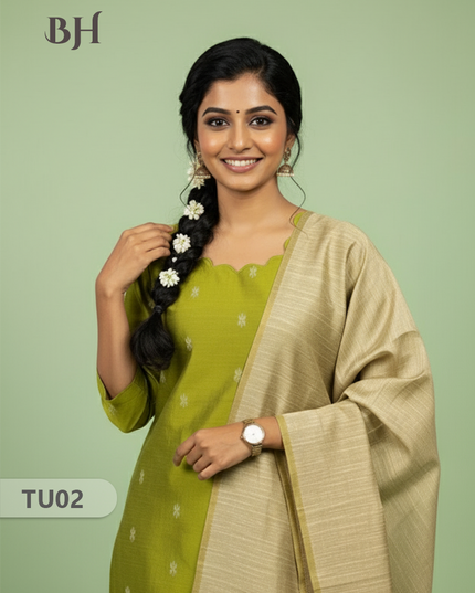 Raw Silk 3-Piece Kurti Set with Cut Work Neck Design in Light Green Colour | Full-Length Lined Kurti with Gold Dupatta