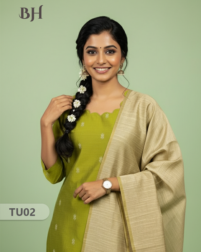 Raw Silk 3-Piece Kurti Set with Cut Work Neck Design in Light Green Colour | Full-Length Lined Kurti with Gold Dupatta