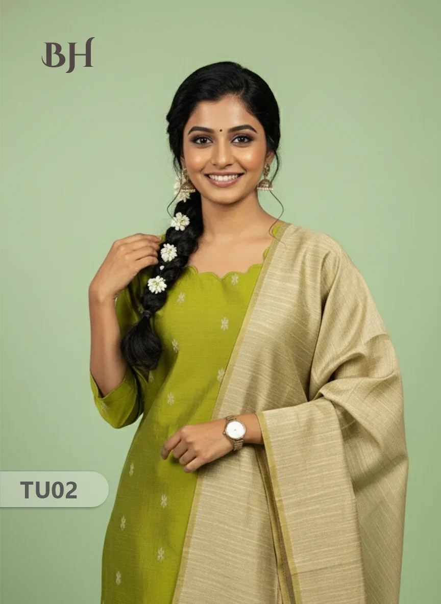 Raw Silk 3-Piece Kurti Set with Cut Work Neck Design in Light Green Colour | Full-Length Lined Kurti with Gold Dupatta