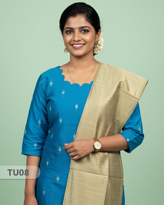 Raw Silk 3-Piece Kurti Set with Cut Work Neck Design in Sky Blue Colour | Full-Length Lined Kurti with Gold Dupatta
