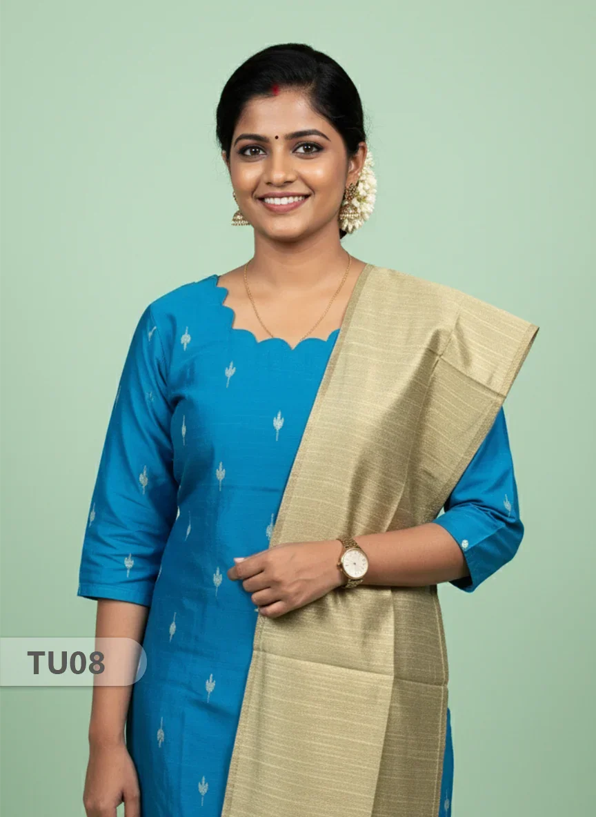 Raw Silk 3-Piece Kurti Set with Cut Work Neck Design in Sky Blue Colour | Full-Length Lined Kurti with Gold Dupatta