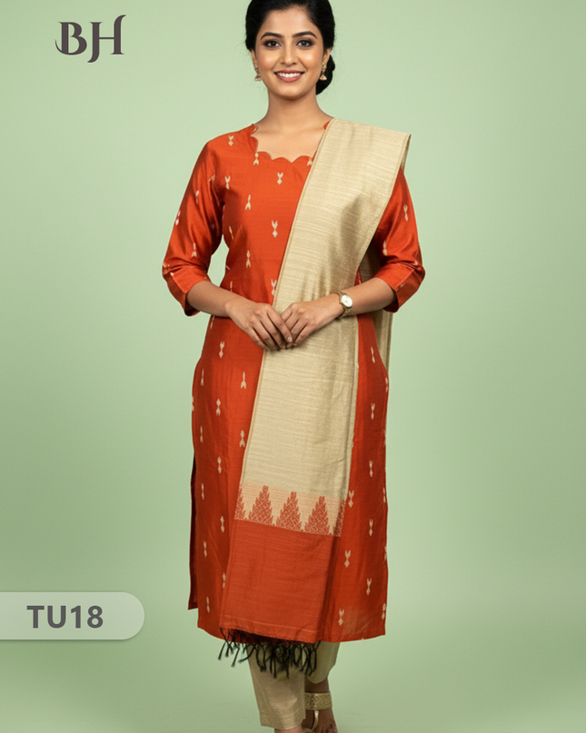 Raw Silk 3-Piece Kurti Set with Cut Work Neck Design in Brick Colour | Full-Length Lined Kurti with Gold Dupatta