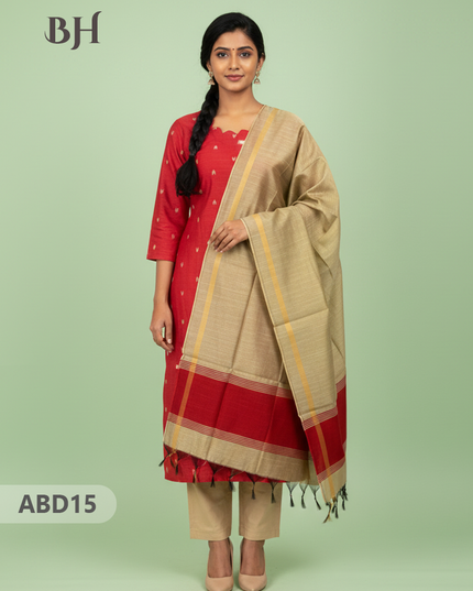 Raw Silk 3-Piece Kurti Set with Cut Work Neck Design in Red Colour | Full-Length Lined Kurti with Gold Dupatta